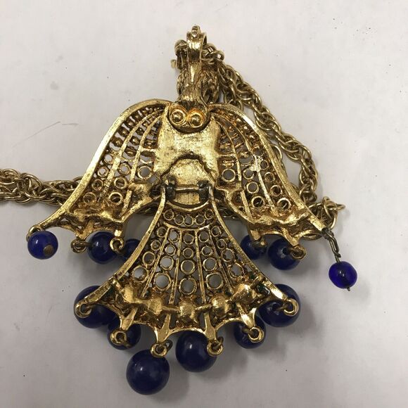 Vintage Tattoo Purple Peacock Phoenix Sparrow Bird Gold HUGE Necklace 21” - Picture 2 of 3